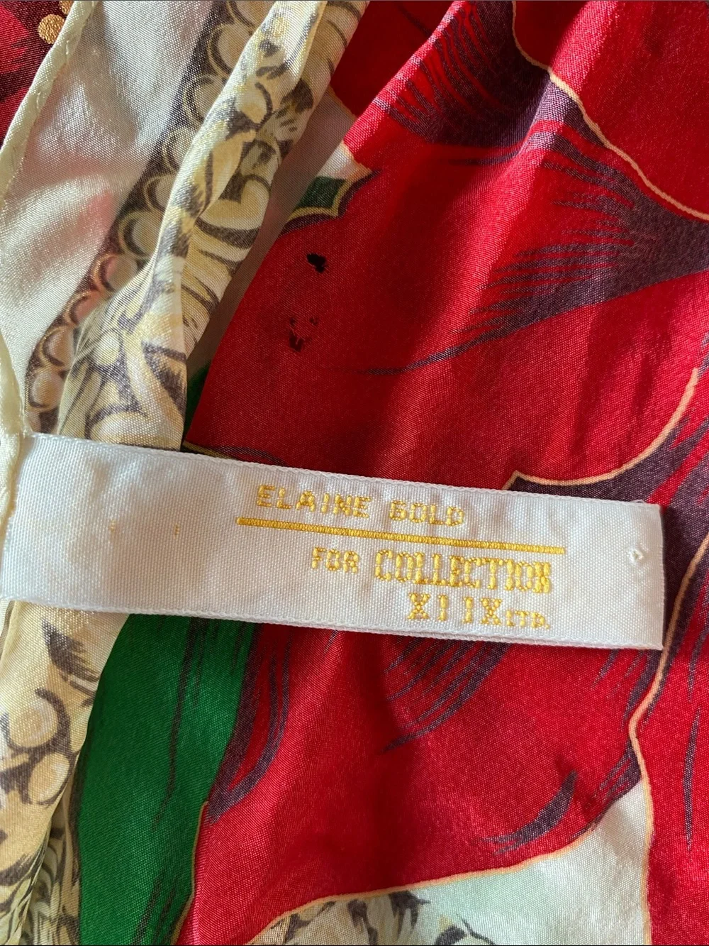 Vintage Elaine Gold Silk Scarf with vibrant red poinsettias and green leaves